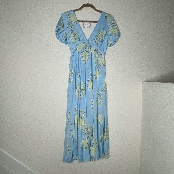 Free People Laura Printed Midi Floral Dress Size XS Blue Lined Strappy Open Back - Picture 1 of 16